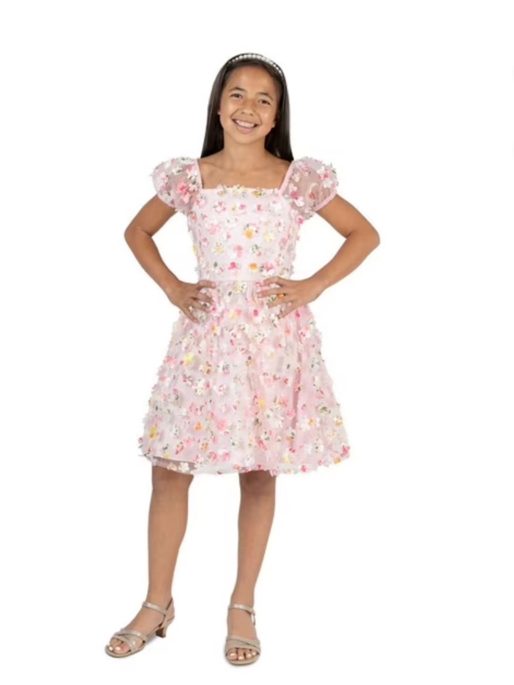Rare Editions Pink Floral Appliqué Party Dress